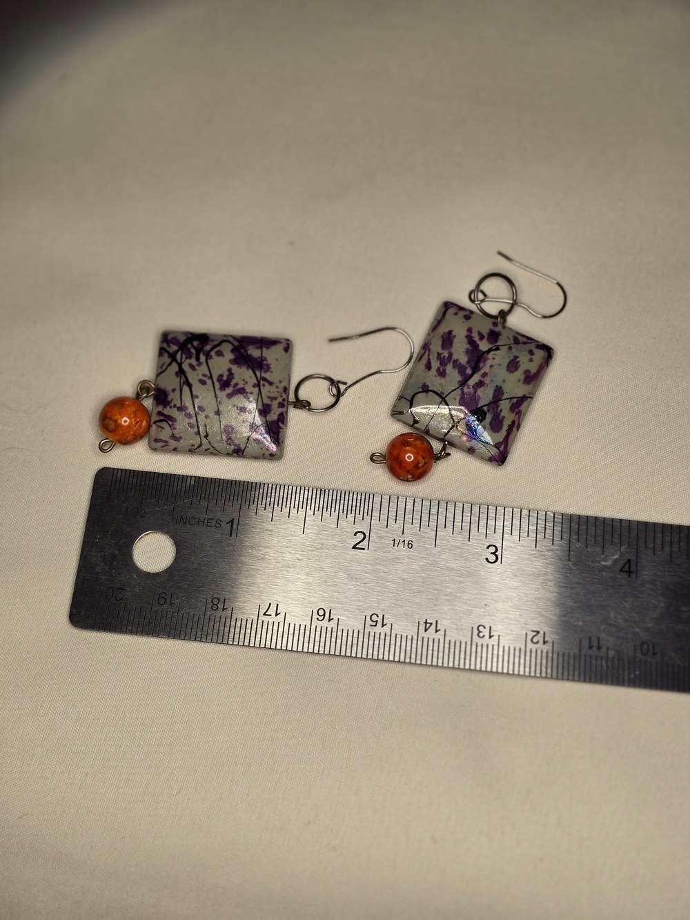 Handmade Purple Dangle Earrings with Orange Beads - Picture 2 of 2